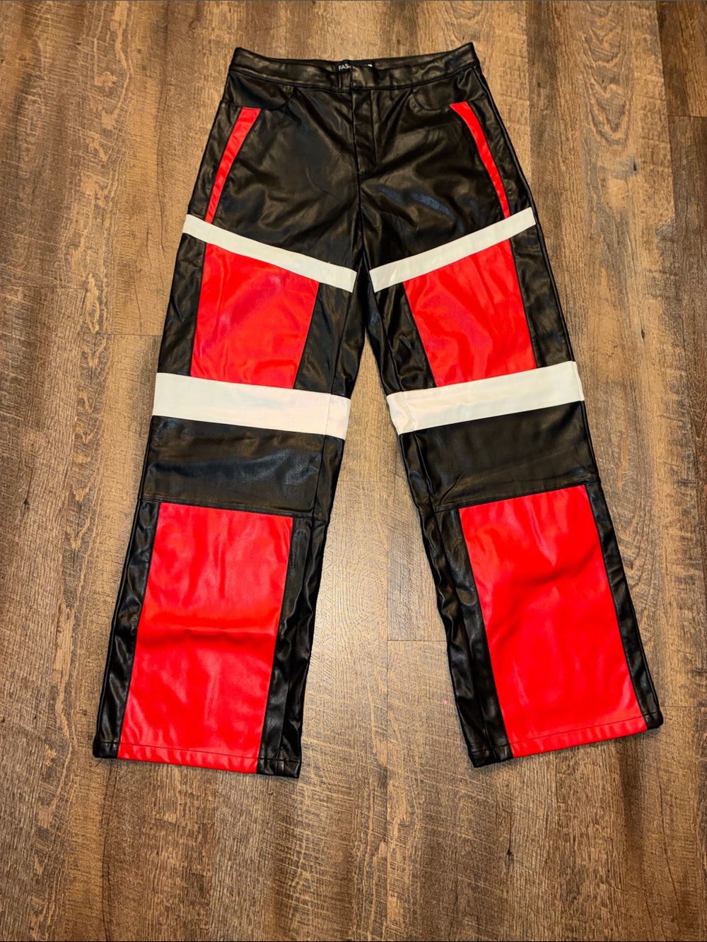 Black Faux Leather Colorblock Pants with Red & White Panels